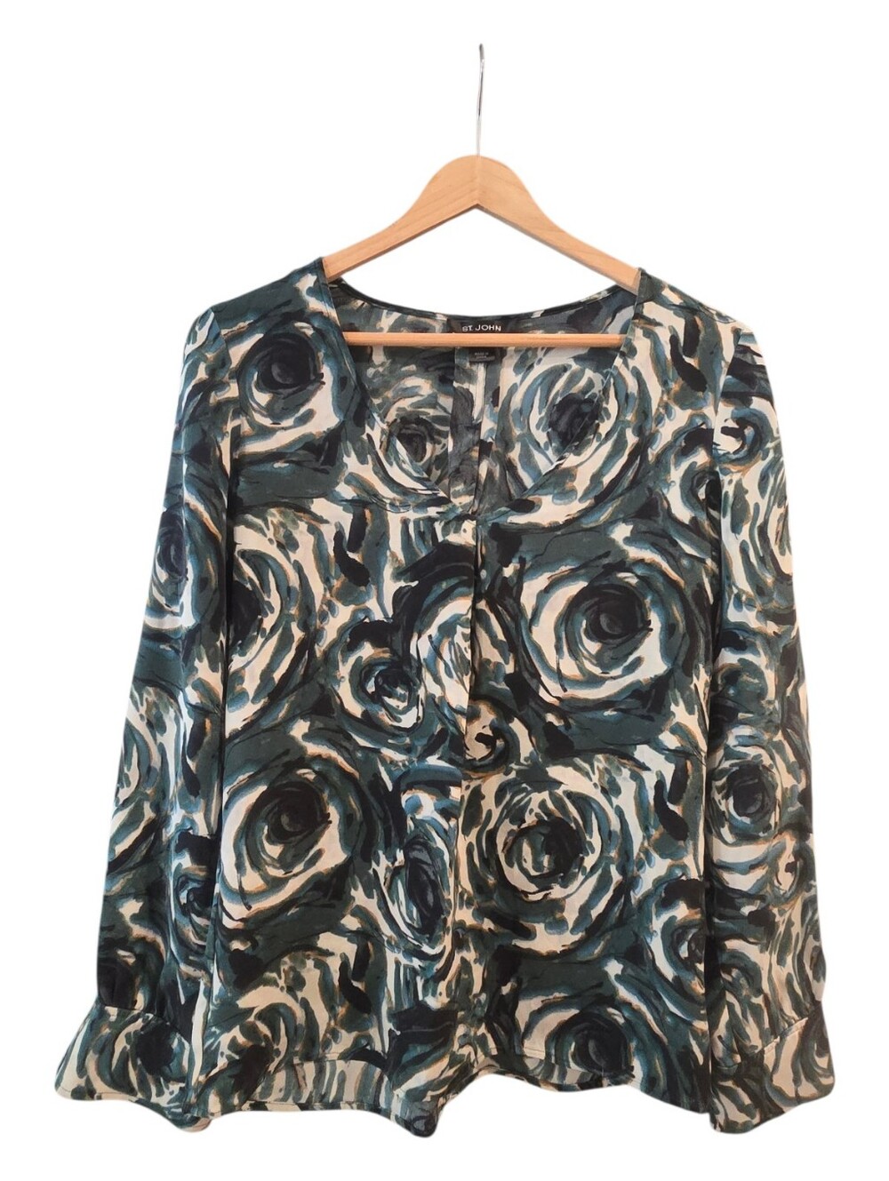 St John Green Swirl Green Silk Blouse Long Sleeves Top Size 8